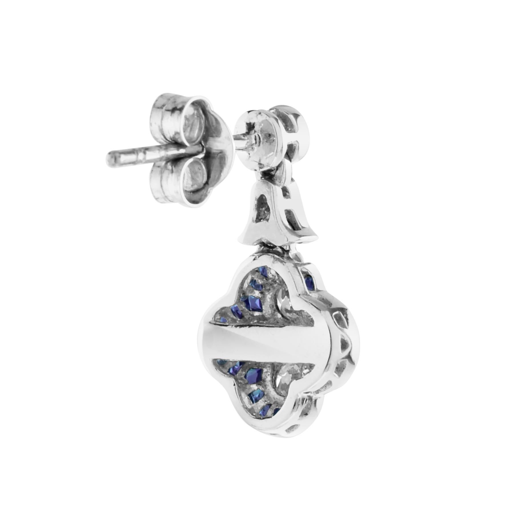 French Cut Round Diamond and Sapphire Clover Cluster Drop Earrings in 18K White Gold For Sale