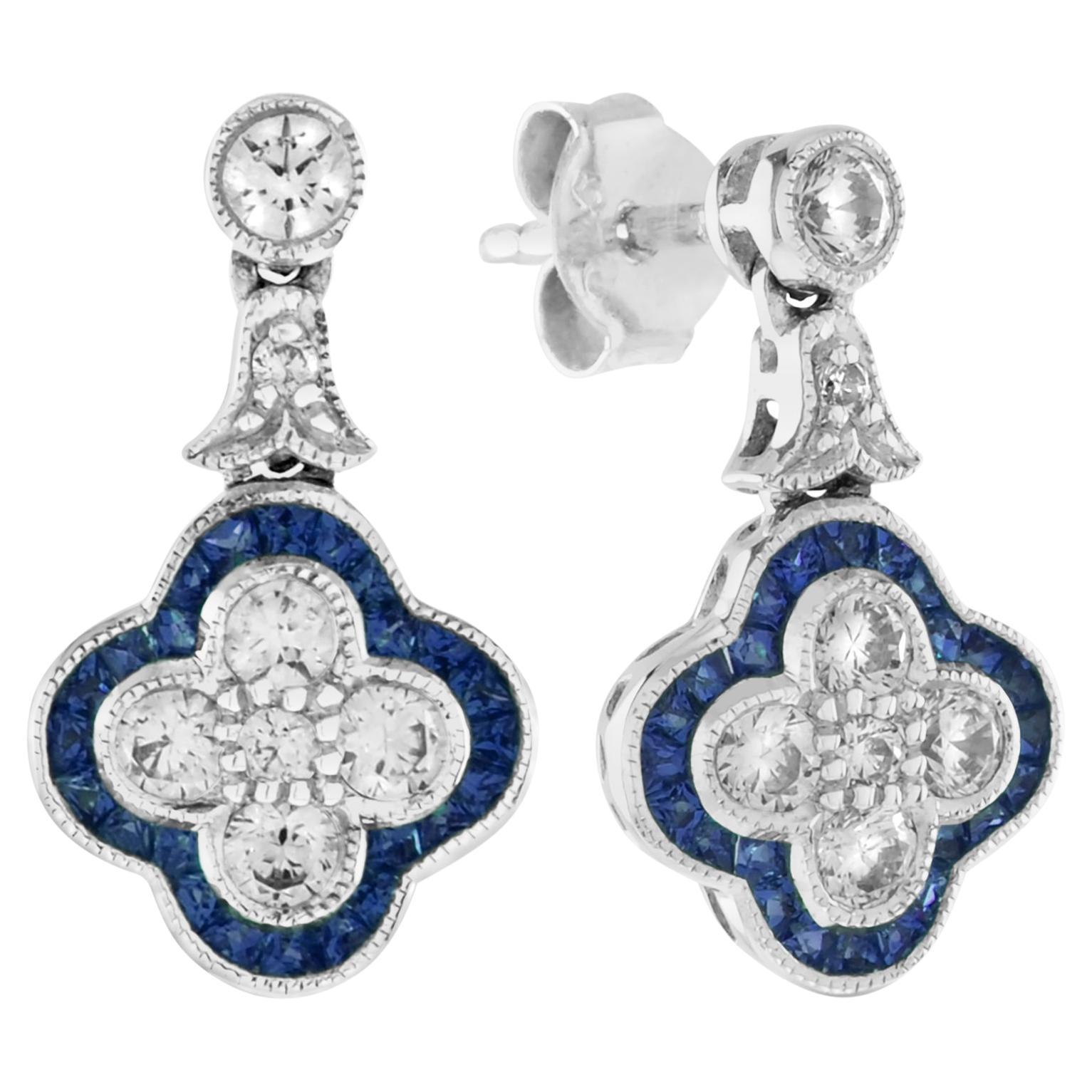 Round Diamond and Sapphire Clover Cluster Drop Earrings in 18K White Gold For Sale