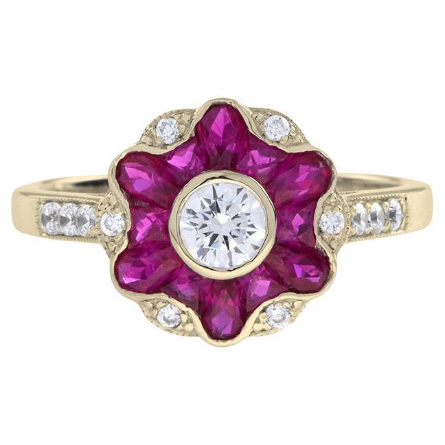 Natural Ruby and Diamond Art Deco Ring in 18K Yellow Gold