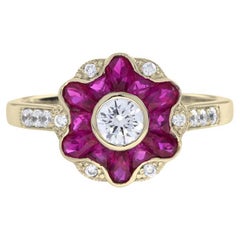 Fleur Morning Glory Ruby and Diamond Art Deco Ring in 18K Yellow Gold
