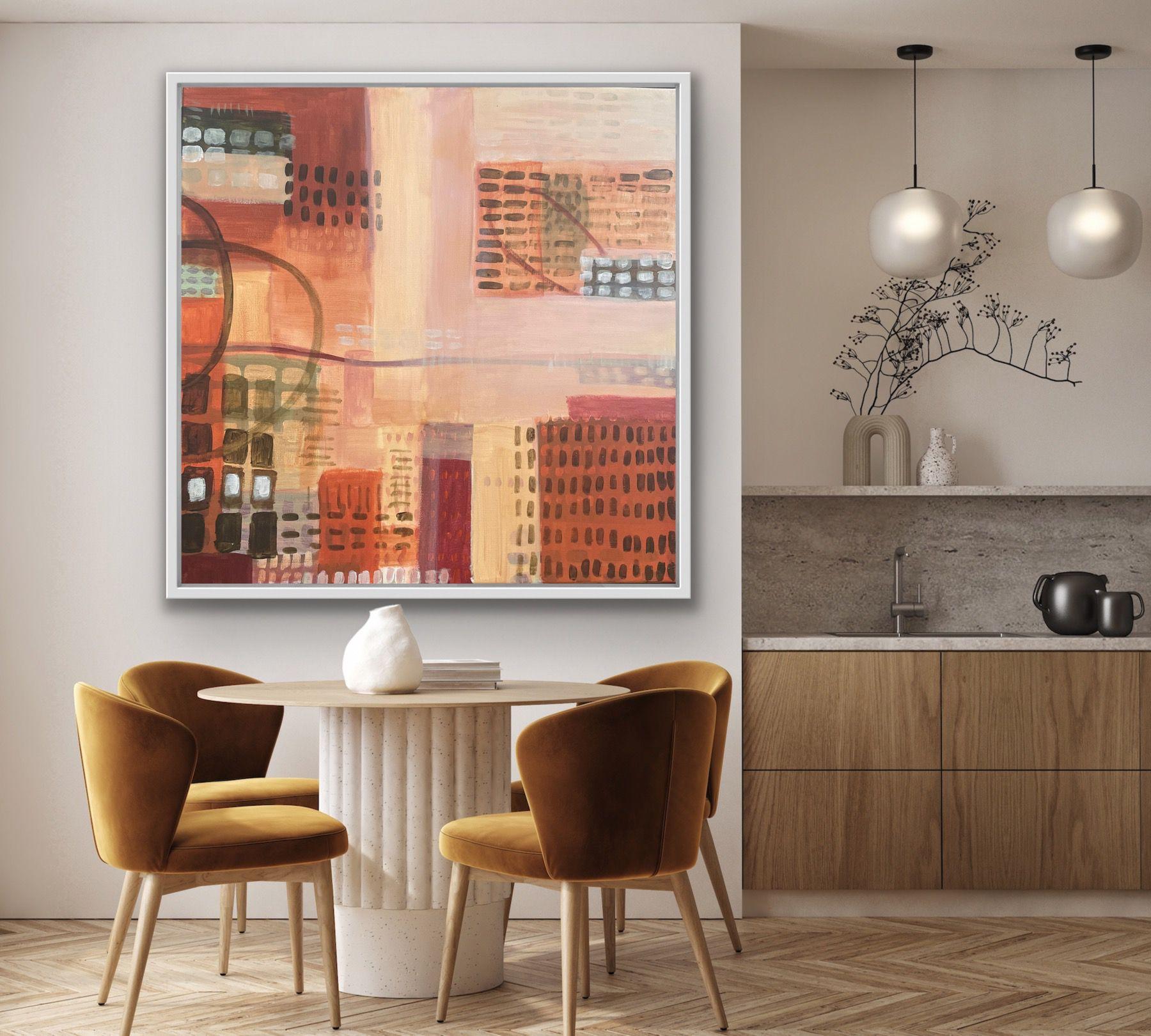 Countryside VS City 2, Original painting, Abstract Landscape, Geometric, Pattern - Brown Abstract Painting by Fleur park