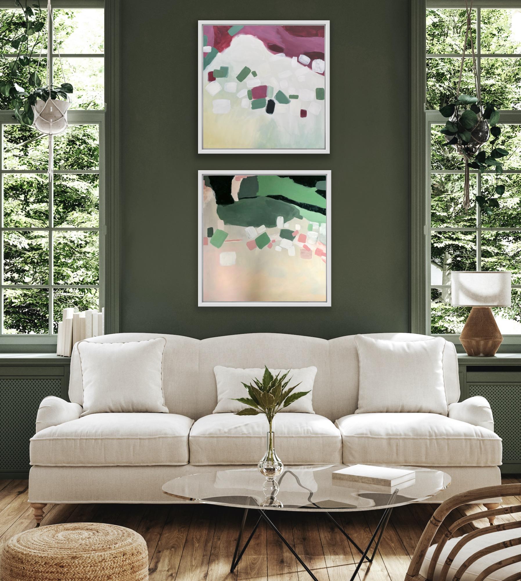 Diptych of Coastal Abstraction Green and Pink and Pink Coastal Reflections For Sale 1