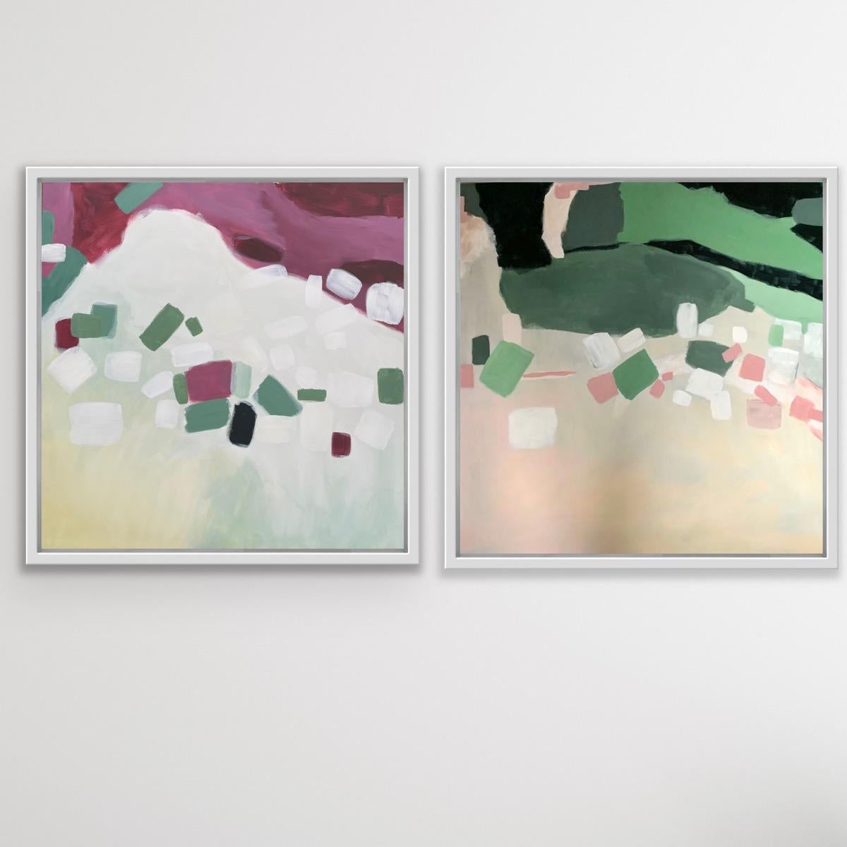 Fleur park Abstract Painting - Diptych of Coastal Abstraction Green and Pink and Pink Coastal Reflections