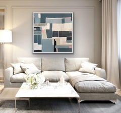 Field Patterns Blue, Abstract Cityscape Rural Landscape Painting, Bright Art