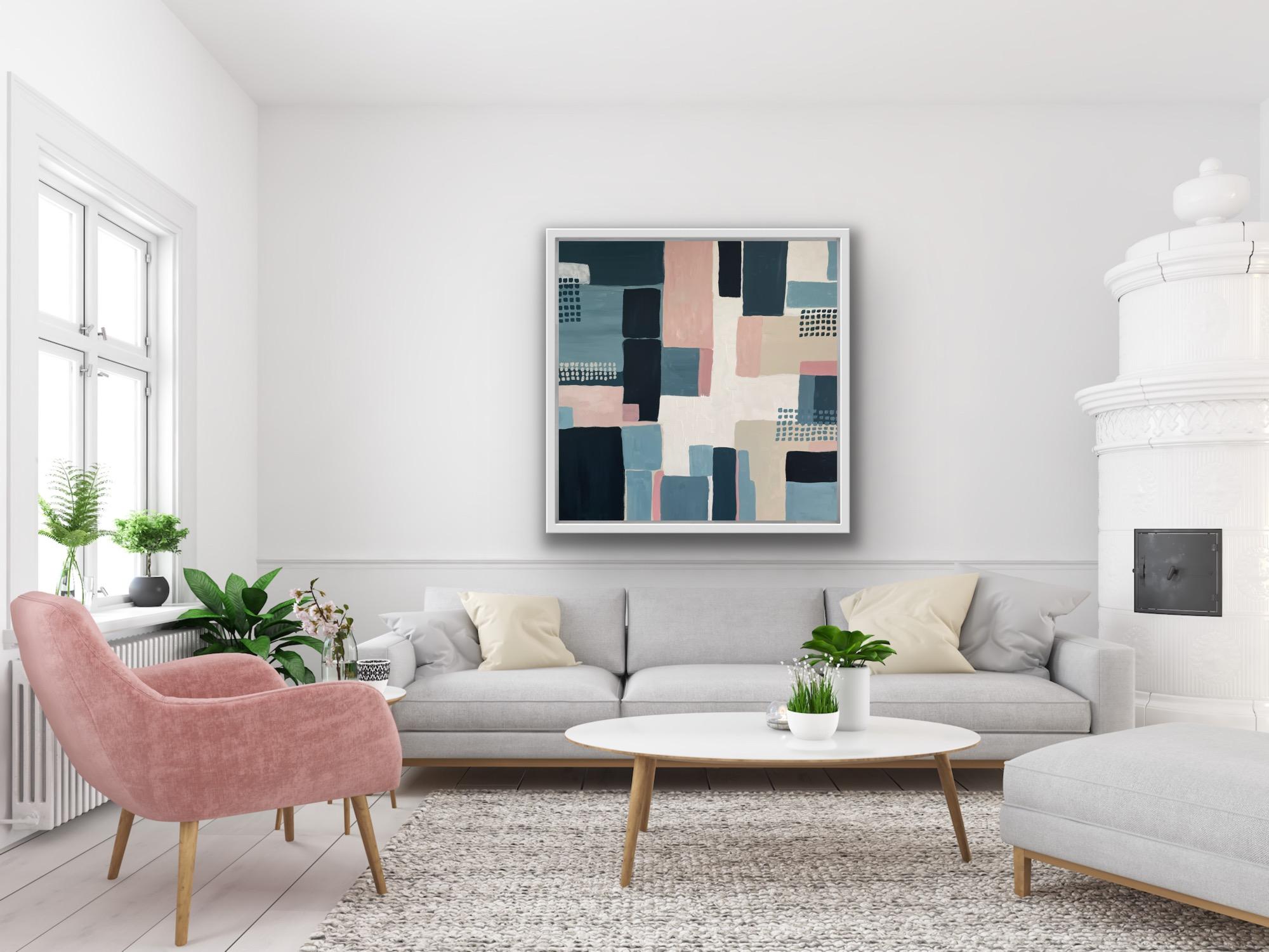 Field Patterns Blue and Pink, Abstract Landscape Painting, Muted Colour Painting - Gray Abstract Painting by Fleur park