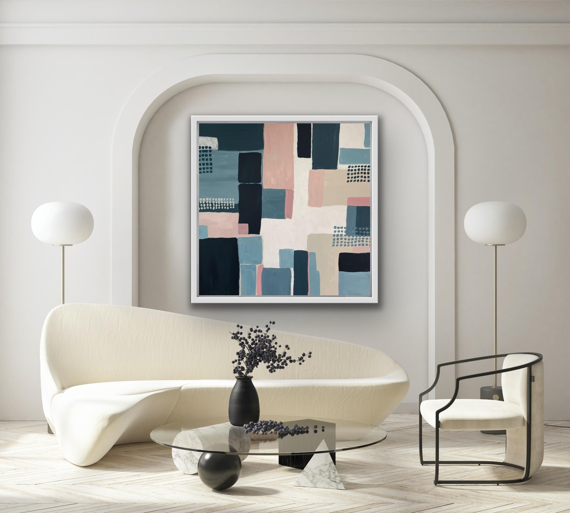 Field Patterns Blue and Pink, Abstract Landscape Painting, Muted Colour Painting For Sale 4
