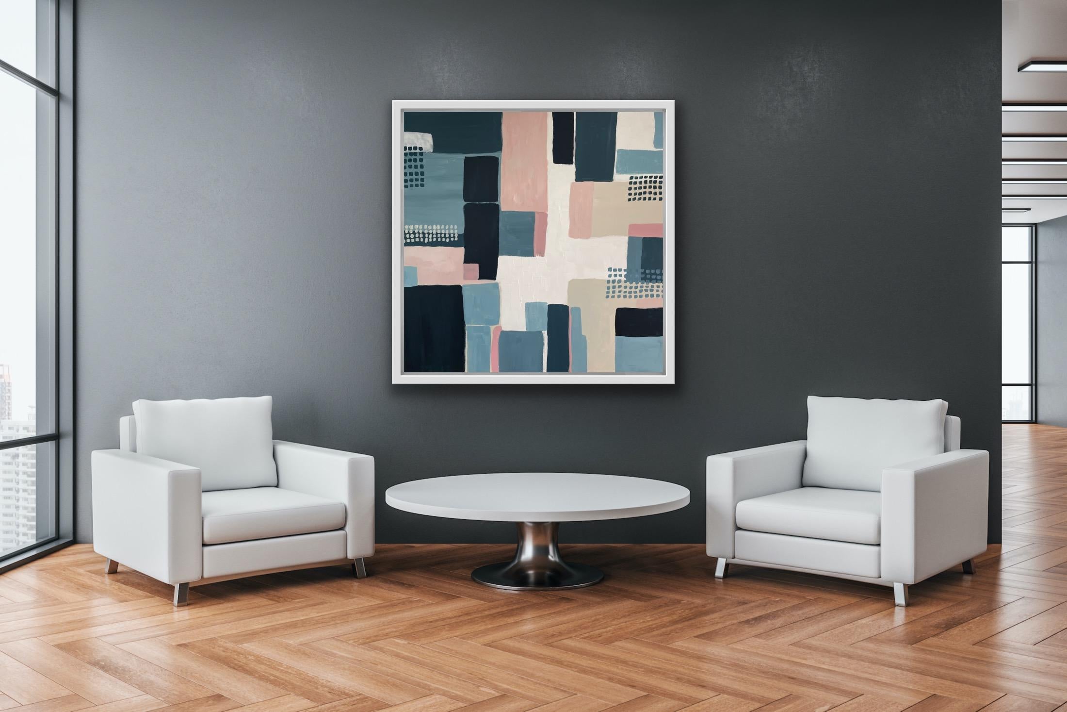Field Patterns Blue and Pink, Abstract Landscape Painting, Muted Colour Painting For Sale 5