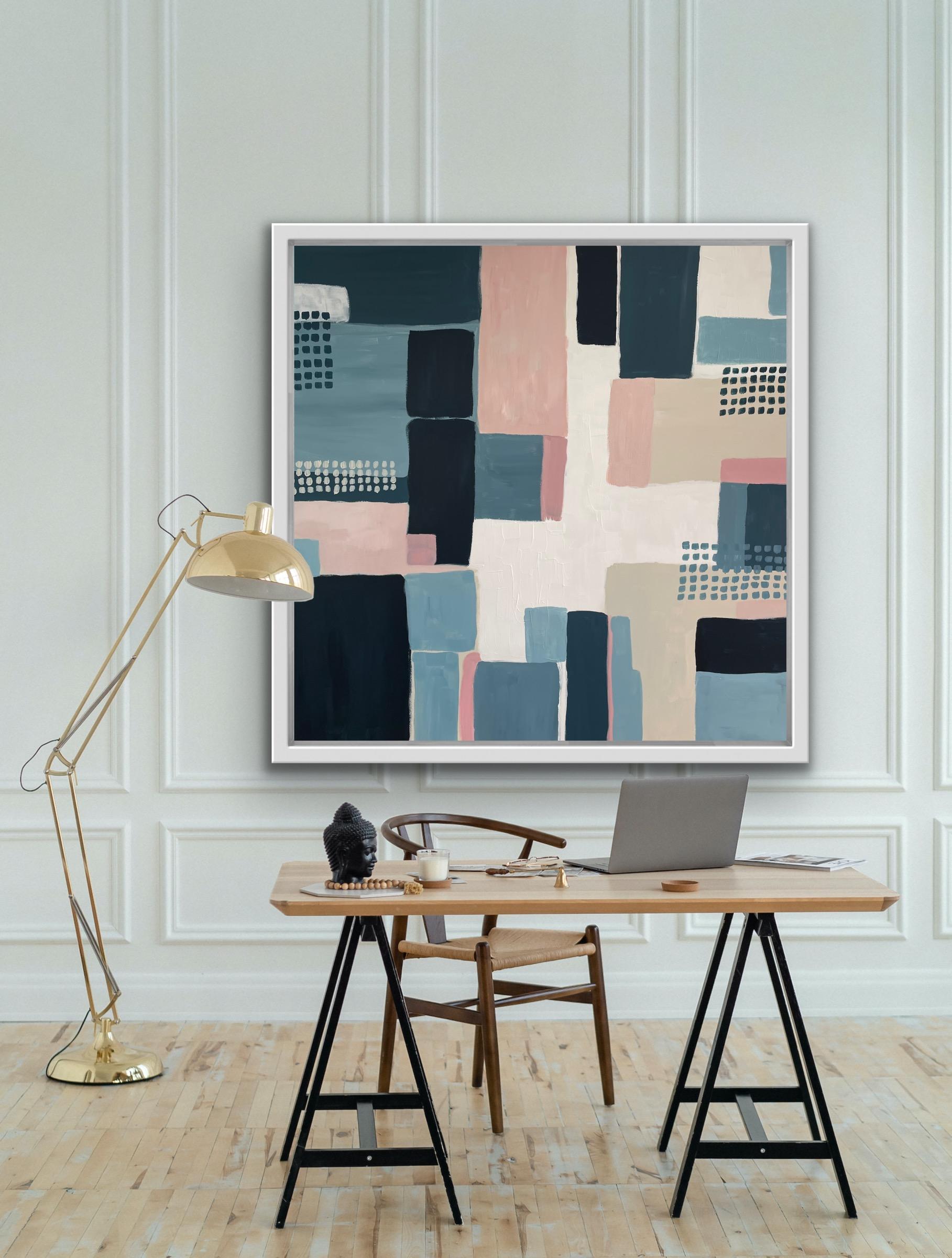 Field Patterns Blue and Pink, Abstract Landscape Painting, Muted Colour Painting For Sale 6