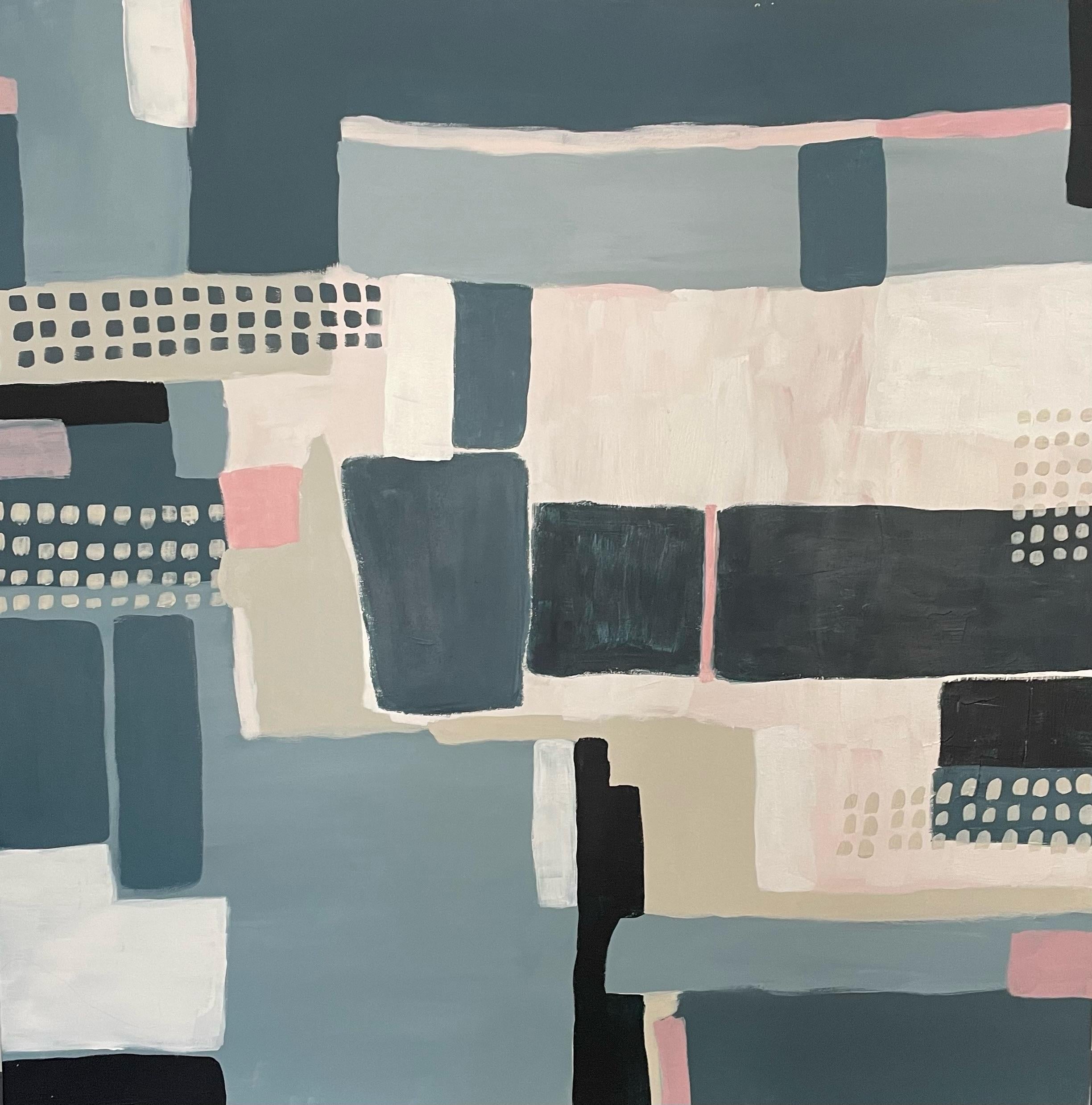 Field Patterns Blue, Original painting, Abstract, Geometric, Shapes, Landscape - Gray Abstract Painting by Fleur park