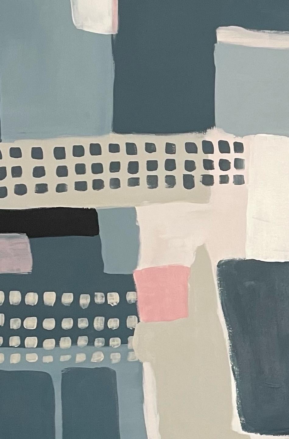 Field of patterns blue is an original abstract painting by artist Fleur Park. Featuring her signature use of pattern and geometric shapes. This painting contains a sophisticated colour palette and considered use of negative space in her