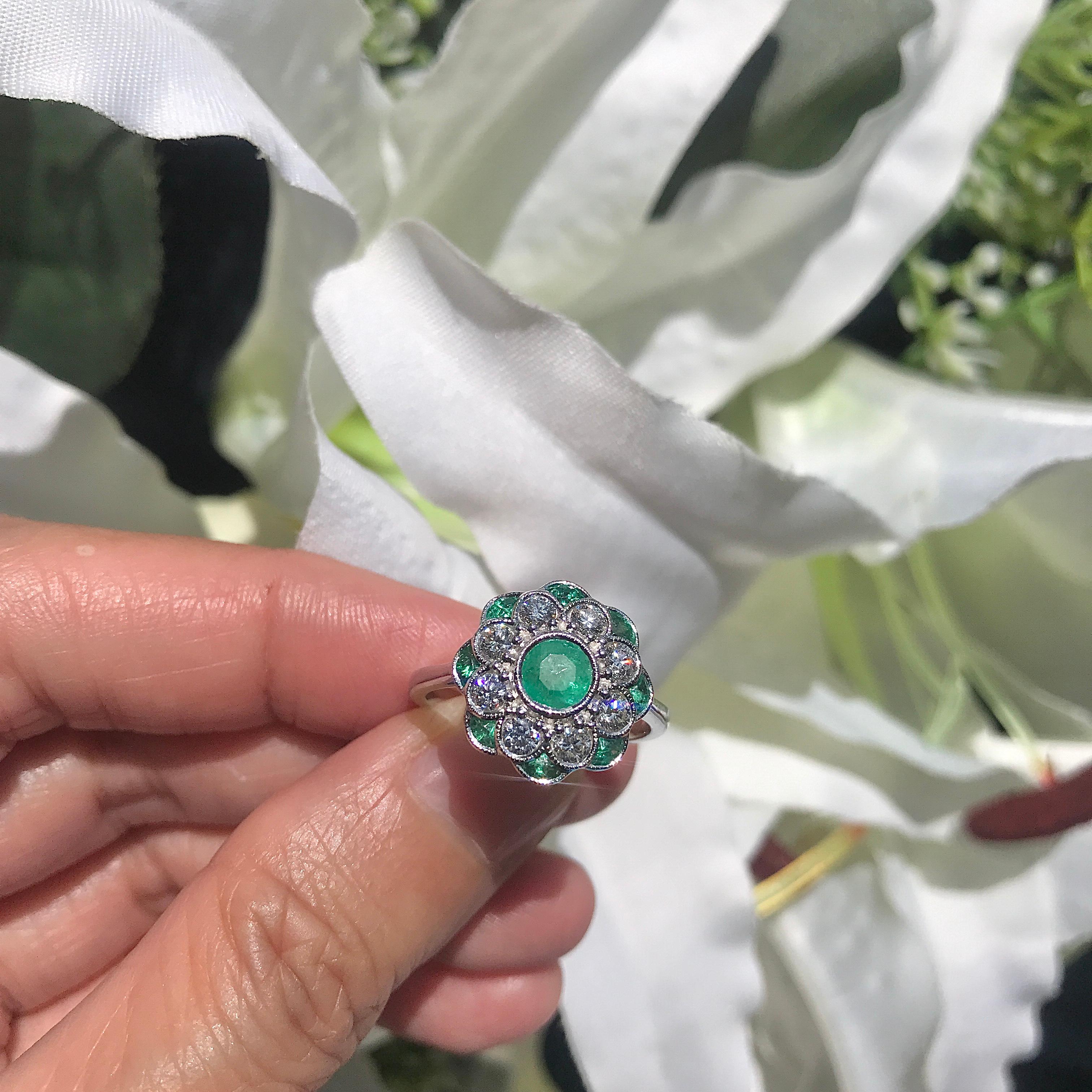 For Sale:  Fleur Peony Emerald and Diamond Art Deco Style Ring in 18K White Gold 9