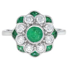 Fleur Peony Emerald and Diamond Art Deco Style Ring in 18K White Gold