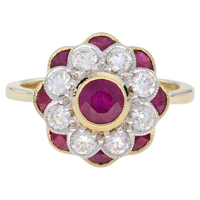 Fleur Peony Ruby and Diamond Art Deco Style Ring in 18K Yellow Gold