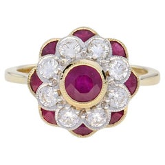 Natural Ruby and Diamond Art Deco Style Ring in 18K Yellow Gold
