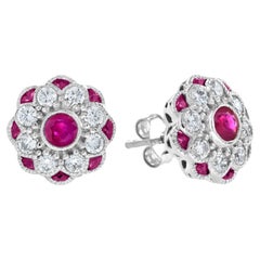 Fleur Peony Ruby and Diamond Art Deco Style Stud Earrings in 14K White Gold