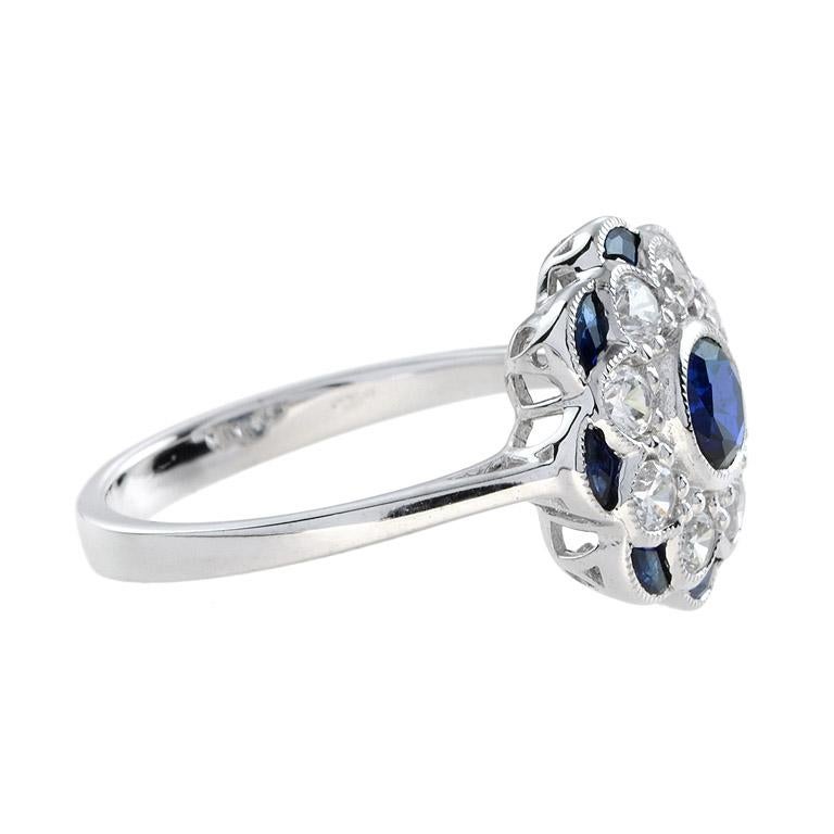 Anillo de Zafiro Natural y Diamantes Estilo Art Decó en Oro Blanco de 18 K  4