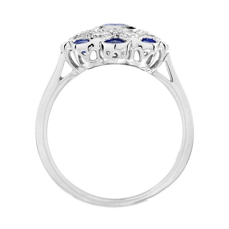 Anillo de Zafiro Natural y Diamantes Estilo Art Decó en Oro Blanco de 18 K  6