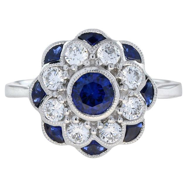 Natural Sapphire and Diamond Art Deco Style Ring in 18K White Gold