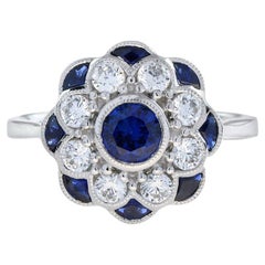 Fleur Peony Sapphire and Diamond Art Deco Style Ring in 18K White Gold
