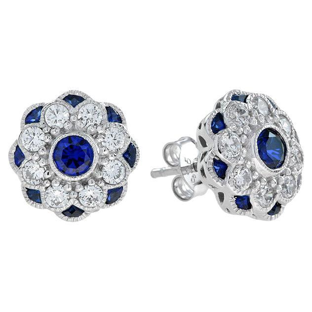 Natural Sapphire and Diamond Art Deco Style Stud Earrings in 14K White Gold For Sale