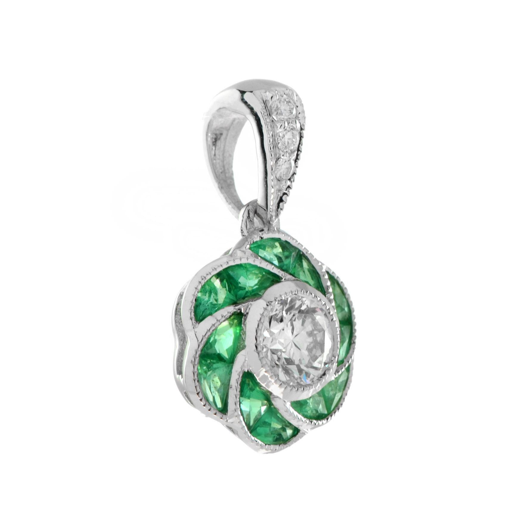 French Cut Round Cut Diamond with Emerald Art Deco Style Floral Pendant in 18K Gold For Sale