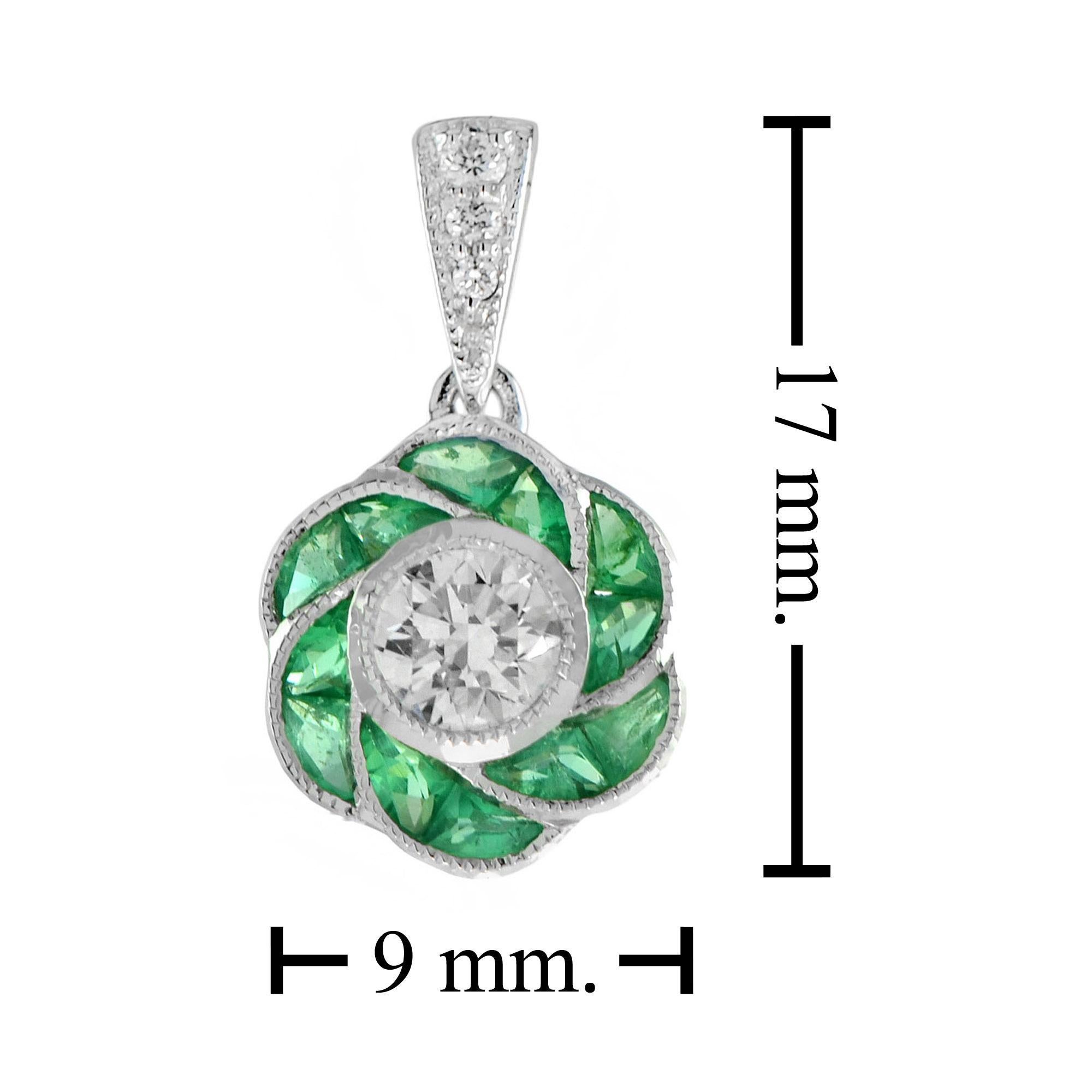 Round Cut Diamond with Emerald Art Deco Style Floral Pendant in 18K Gold For Sale 1