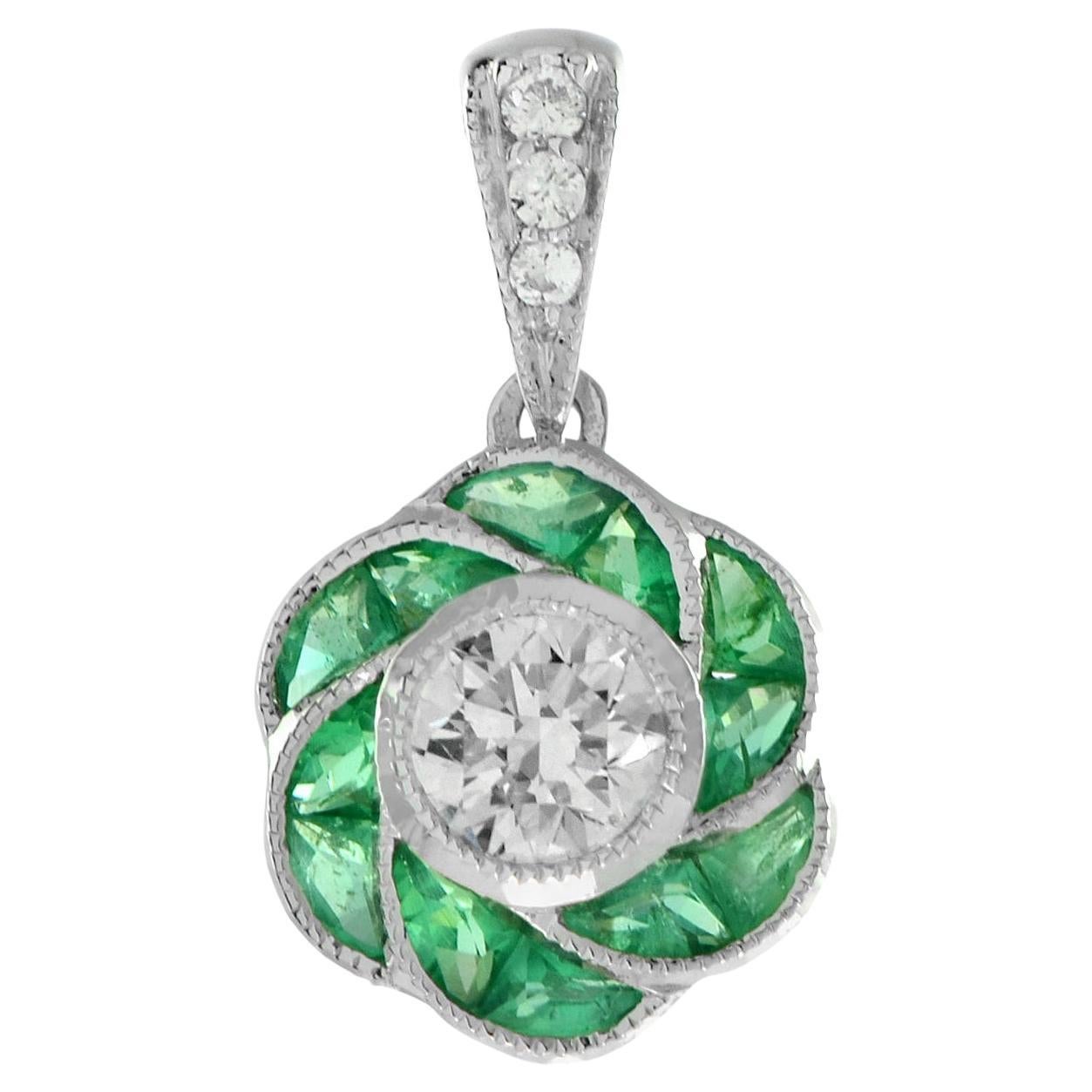 Round Cut Diamond with Emerald Art Deco Style Floral Pendant in 18K Gold