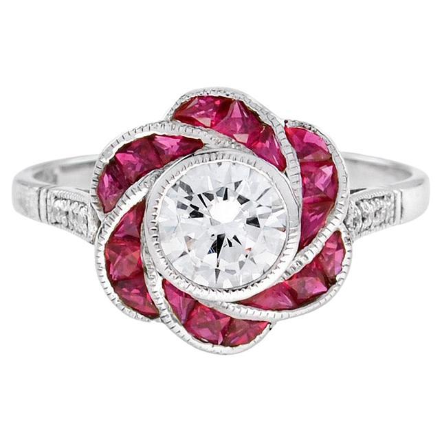 Fleur Rose Diamond with Ruby Art Deco Style Engagement Ring in 18K White Gold