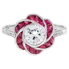 Anillo de compromiso de diamantes rosa con rubí estilo Art Déco en oro blanco de 18 quilates