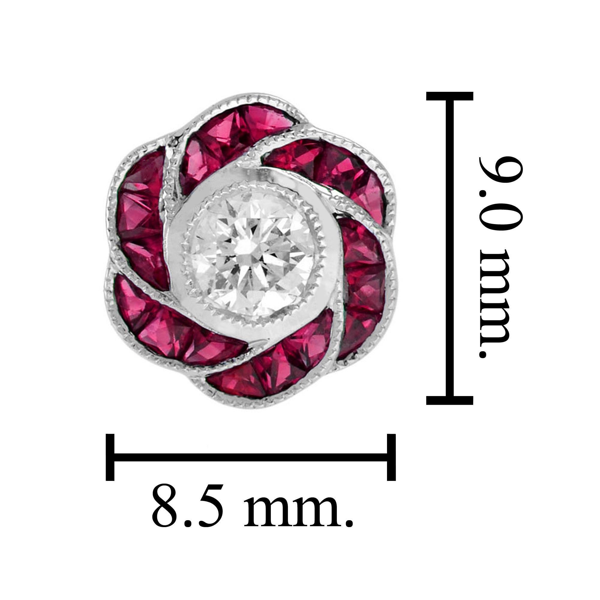 Round Cut Diamond with Ruby Art Deco Style Floral Stud Earrings in 18K Gold In New Condition For Sale In Bangkok, TH