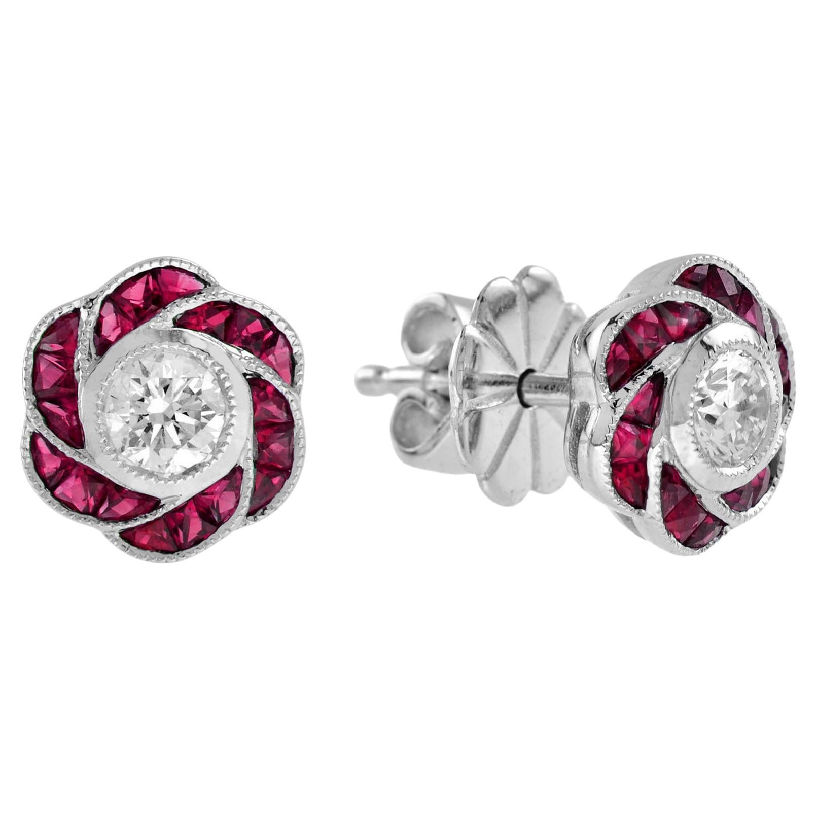 Round Cut Diamond with Ruby Art Deco Style Floral Stud Earrings in 18K Gold