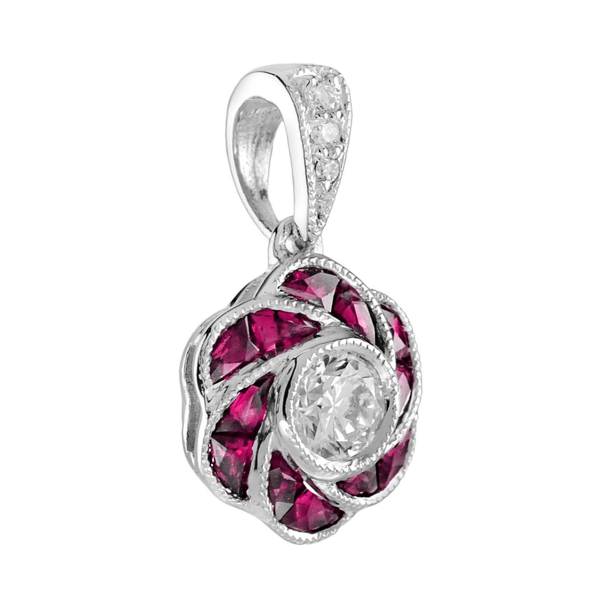 Round Cut Round Diamond with Ruby Art Deco Style Floral Pendant in 18K White Gold For Sale