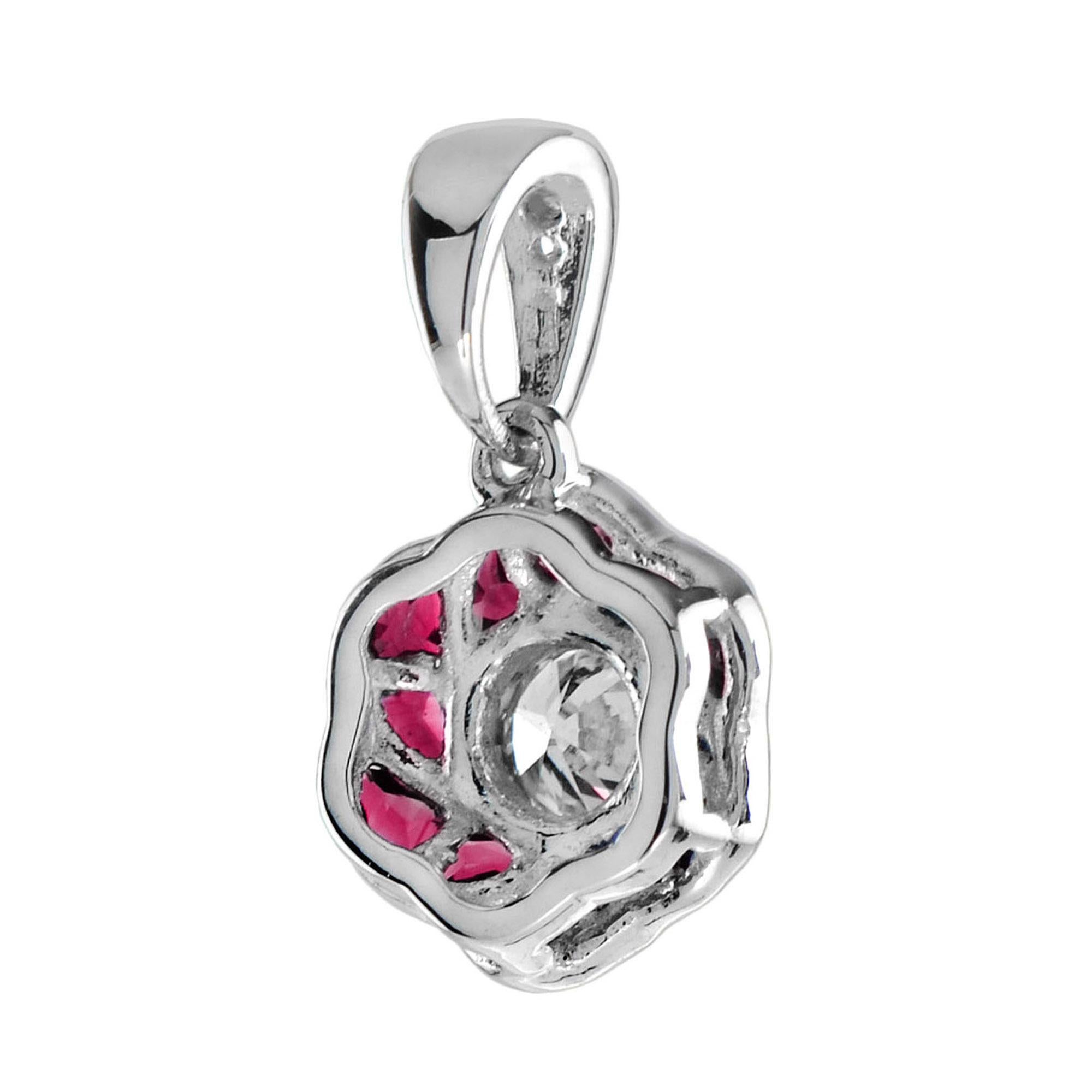 Round Diamond with Ruby Art Deco Style Floral Pendant in 18K White Gold In New Condition For Sale In Bangkok, TH
