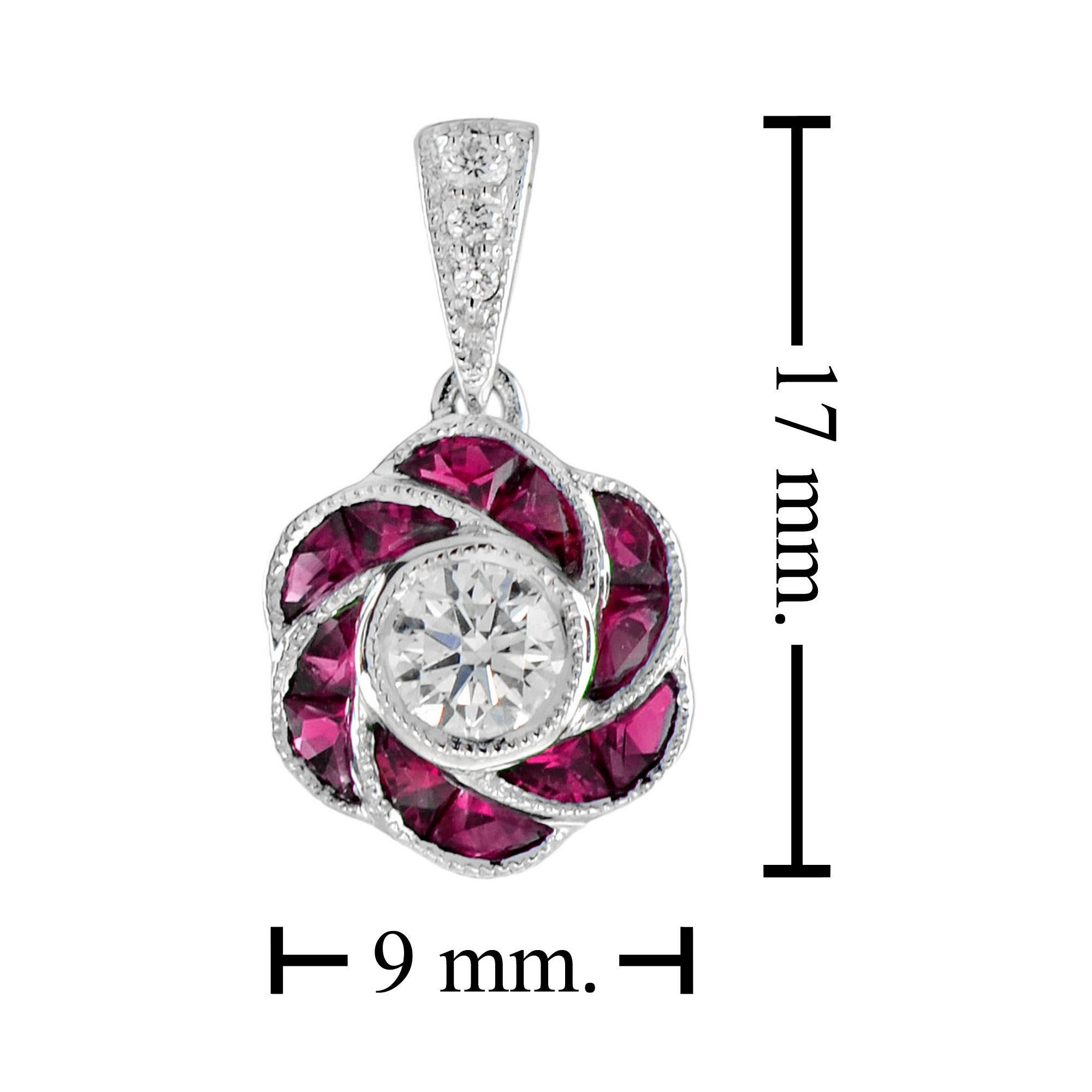 Women's Round Diamond with Ruby Art Deco Style Floral Pendant in 18K White Gold For Sale