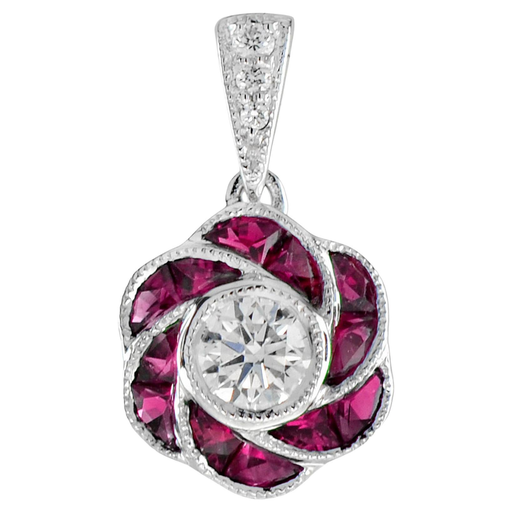 Round Diamond with Ruby Art Deco Style Floral Pendant in 18K White Gold