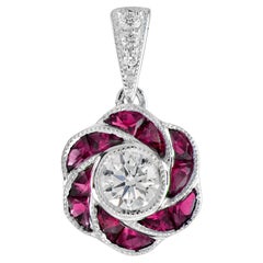 Fleur Rose Round Diamond with Ruby Art Deco Style Pendant in 18K White Gold