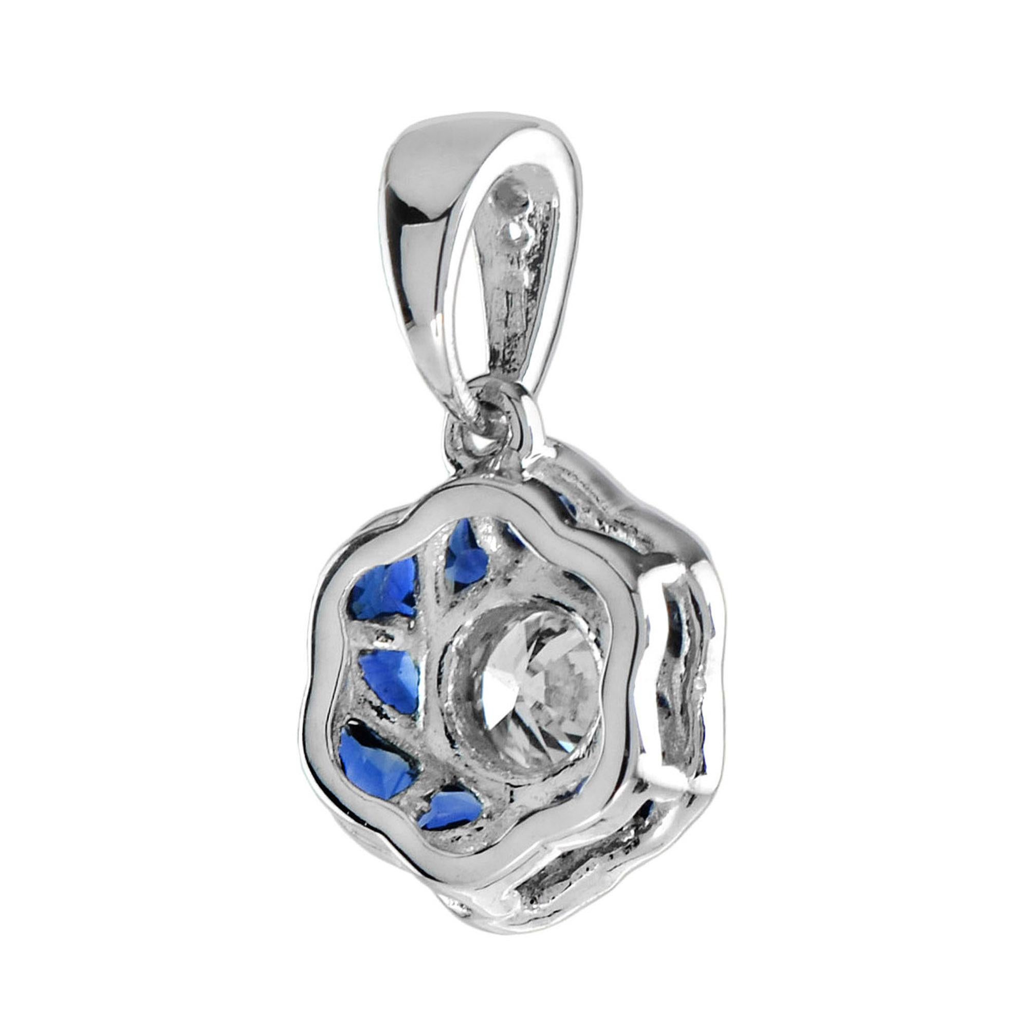 Women's Round Cut Diamond with Sapphire Art Deco Style Floral Pendant in 18K Gold For Sale