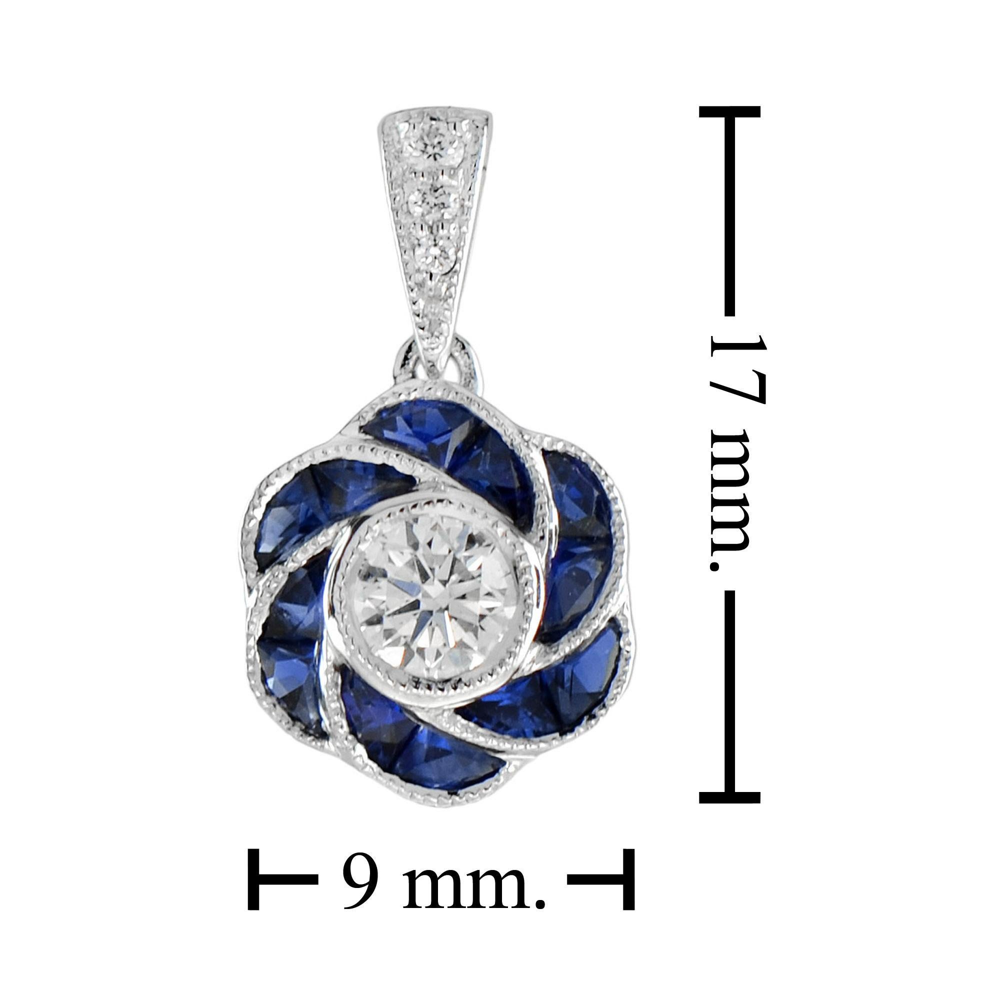 Round Cut Diamond with Sapphire Art Deco Style Floral Pendant in 18K Gold For Sale 1