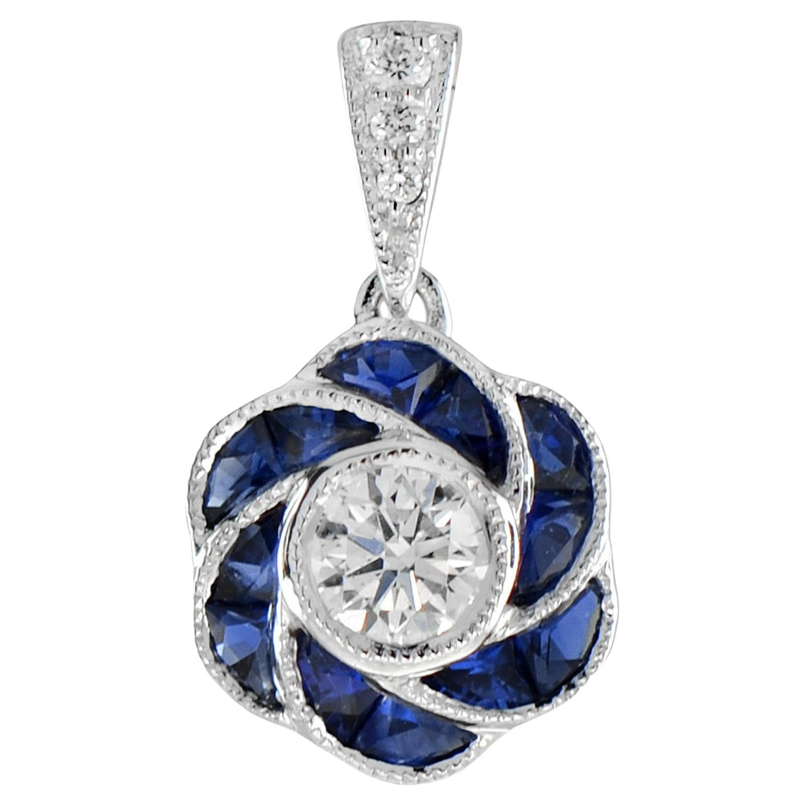 Round Cut Diamond with Sapphire Art Deco Style Floral Pendant in 18K Gold For Sale