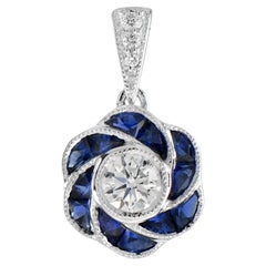 Fleur Rose Round Diamond with Sapphire Art Deco Style Pendant in 18K White Gold