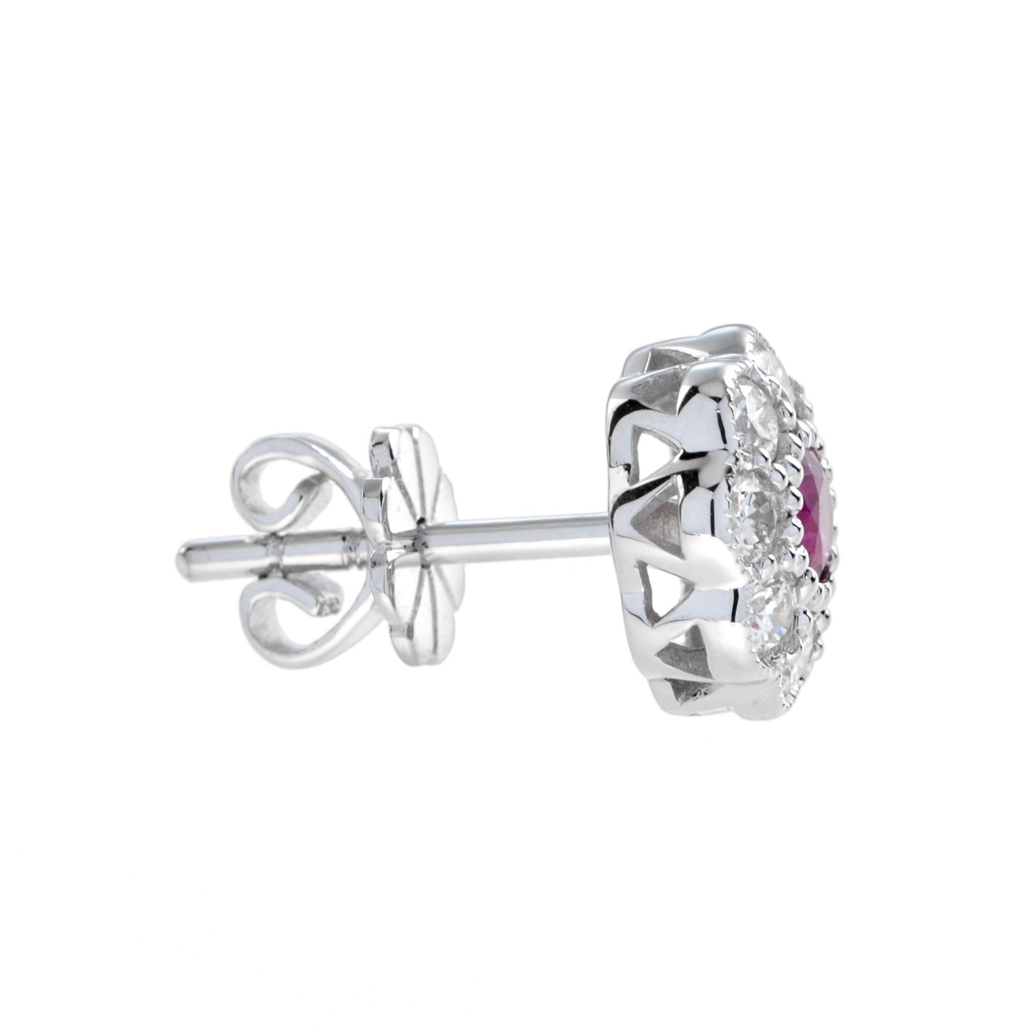 Round Cut Fleur Ruby and Diamond Art Deco Style Stud Earrings in 14K White Gold For Sale
