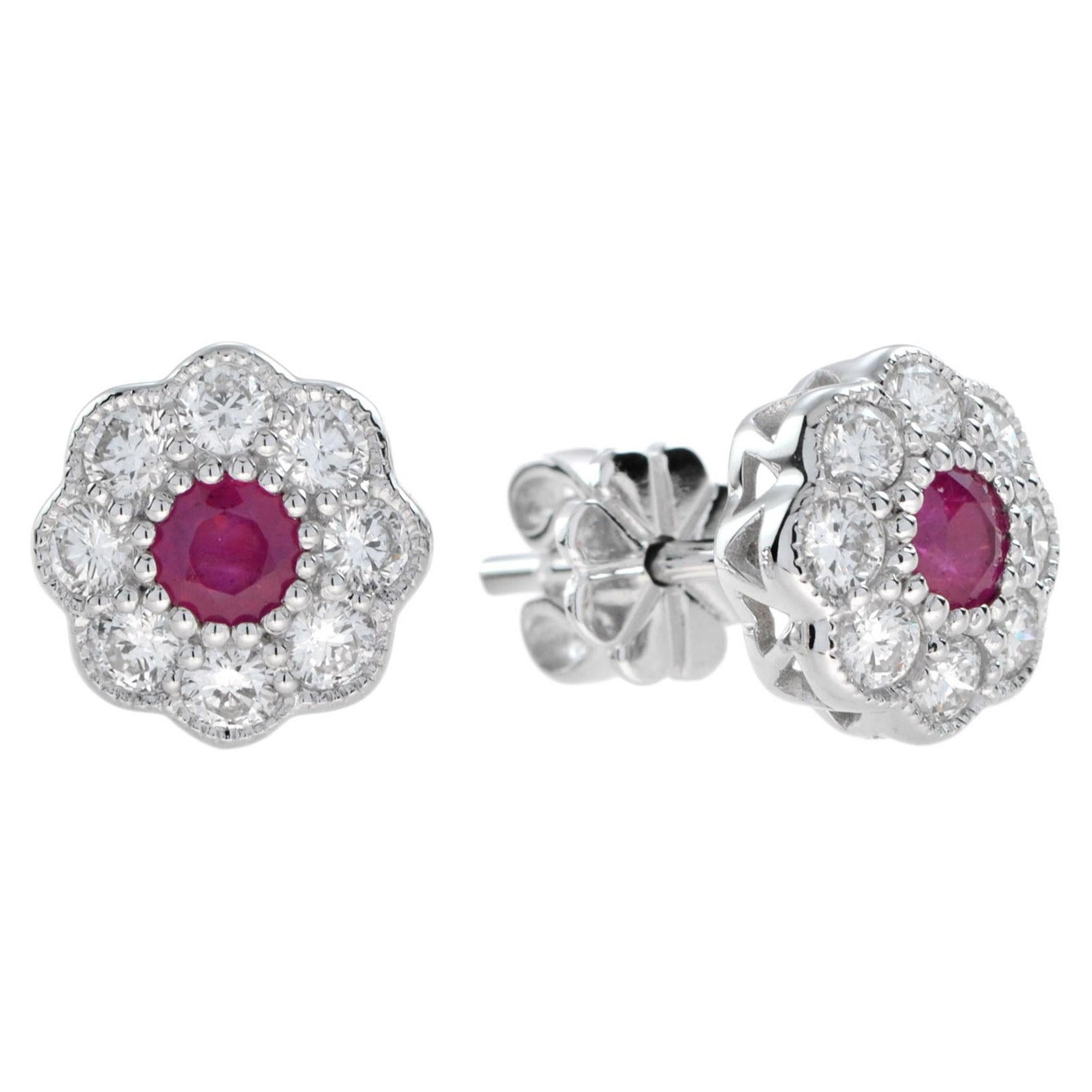 Fleur Rubin und Diamant Ohrstecker im Art-Déco-Stil aus 14K Weißgold