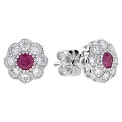 Fleur Rubin und Diamant Ohrstecker im Art-Déco-Stil aus 14K Weißgold