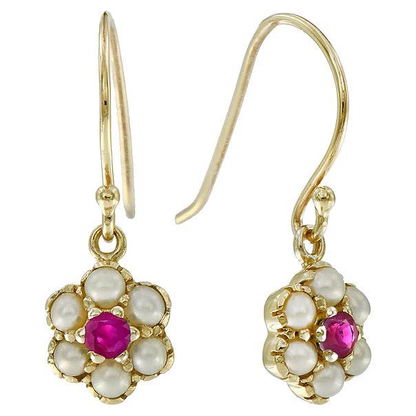 Vintage Style Natural Ruby and Pearl Drop Flower Earrings in 14K Yellow Gold For Sale