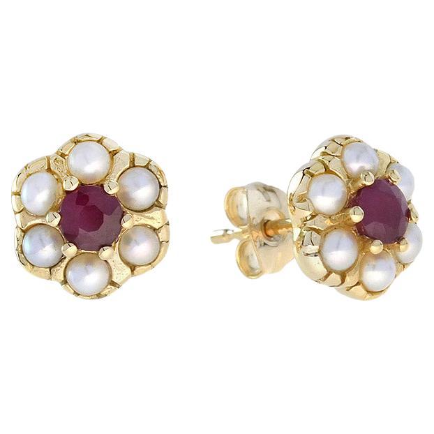 Vintage Style Natural Ruby and Pearl Stud Flower Earrings in 14K Yellow Gold