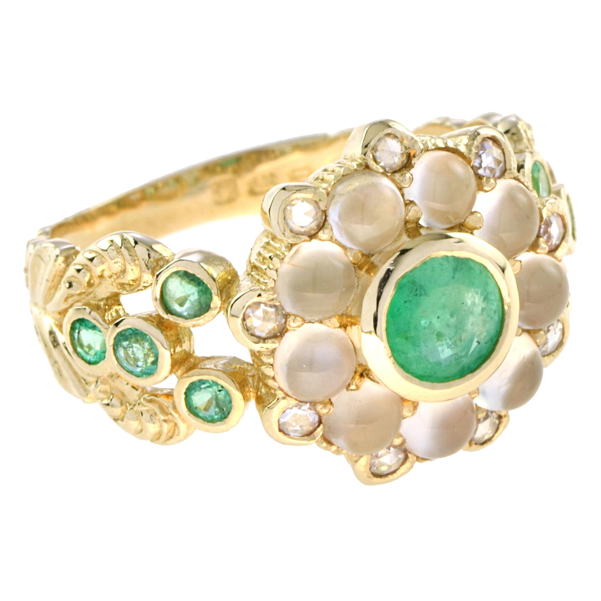 For Sale:  Emerald with Moonstone and Diamond Ring in 14K Yellow Gold 2