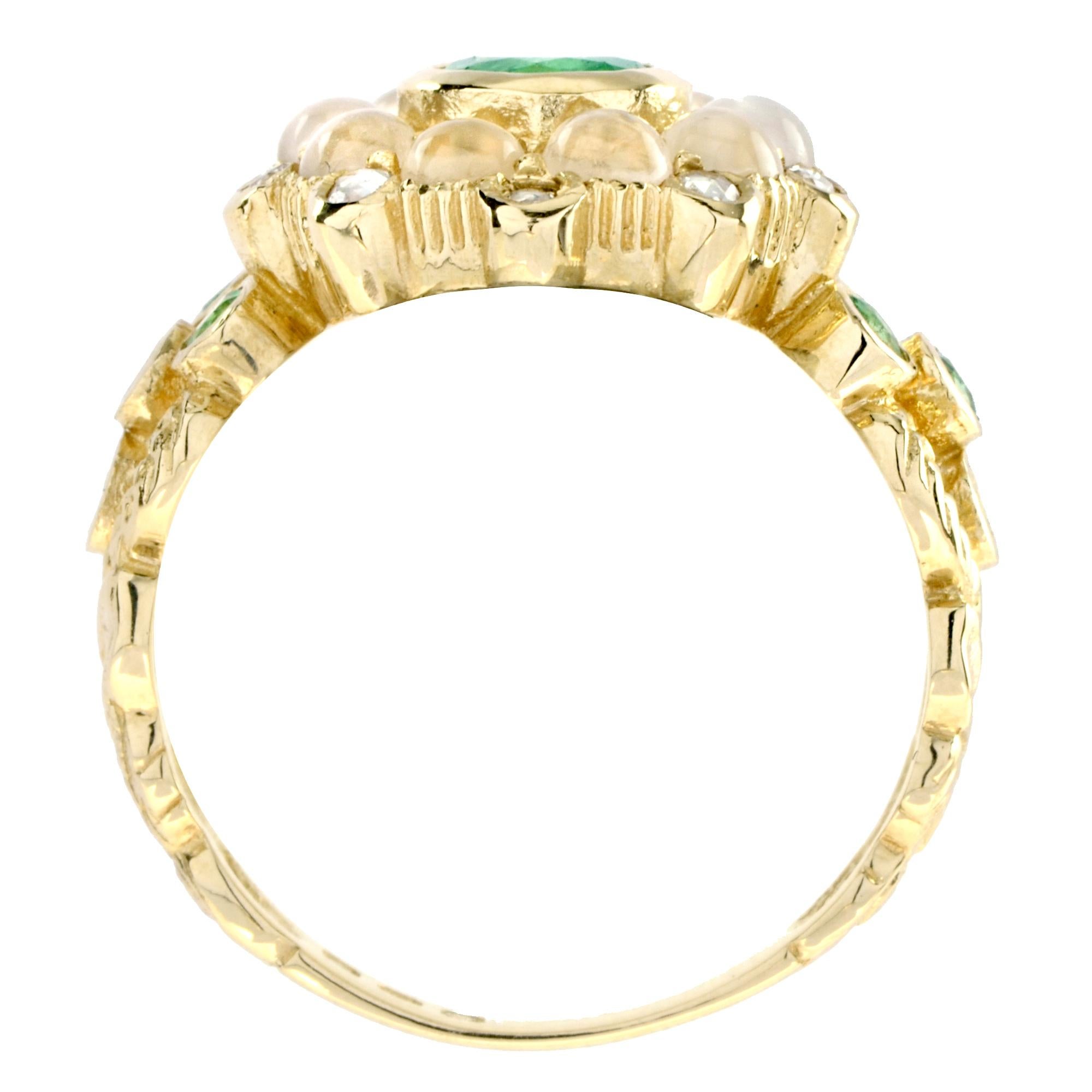 For Sale:  Emerald with Moonstone and Diamond Ring in 14K Yellow Gold 5