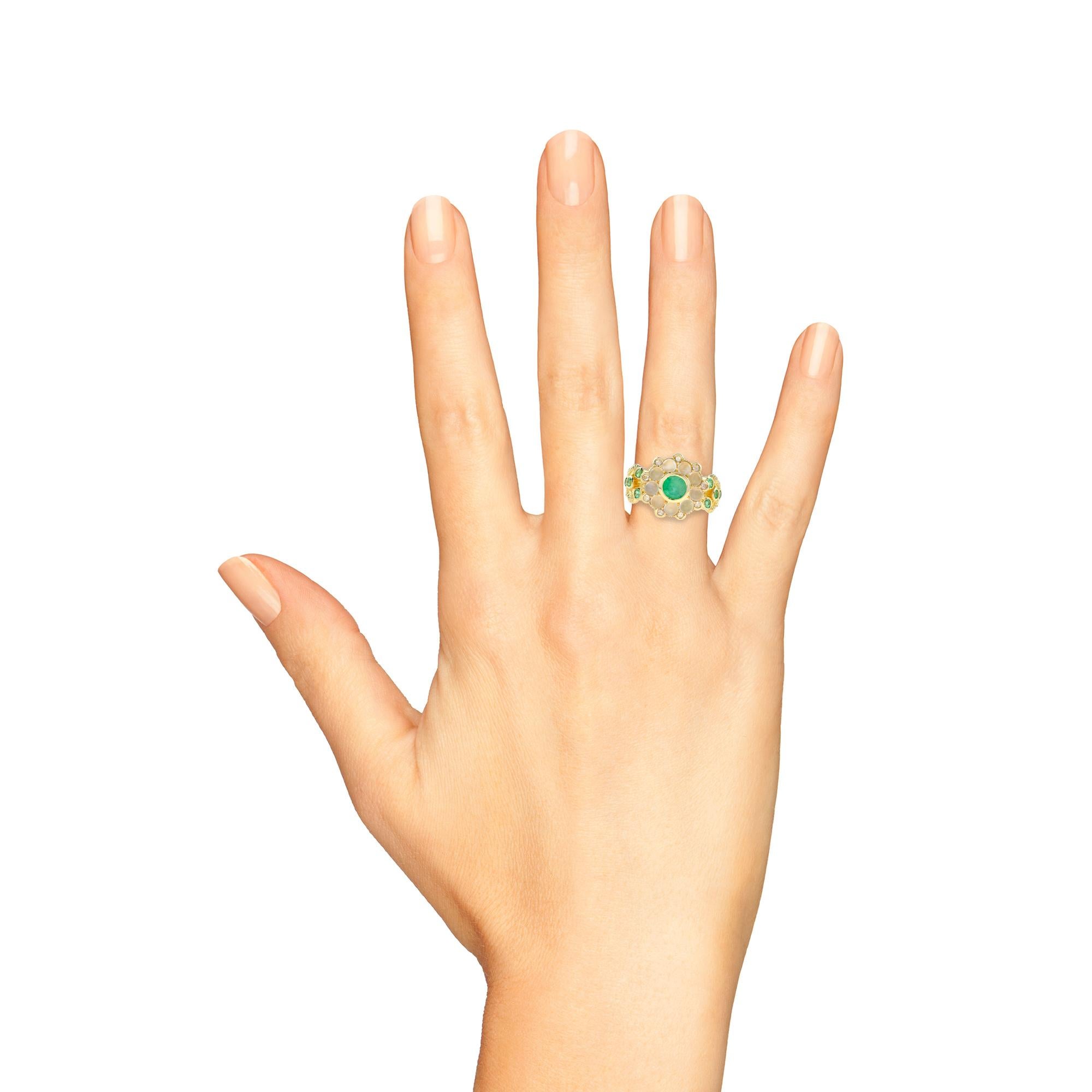 For Sale:  Emerald with Moonstone and Diamond Ring in 14K Yellow Gold 6