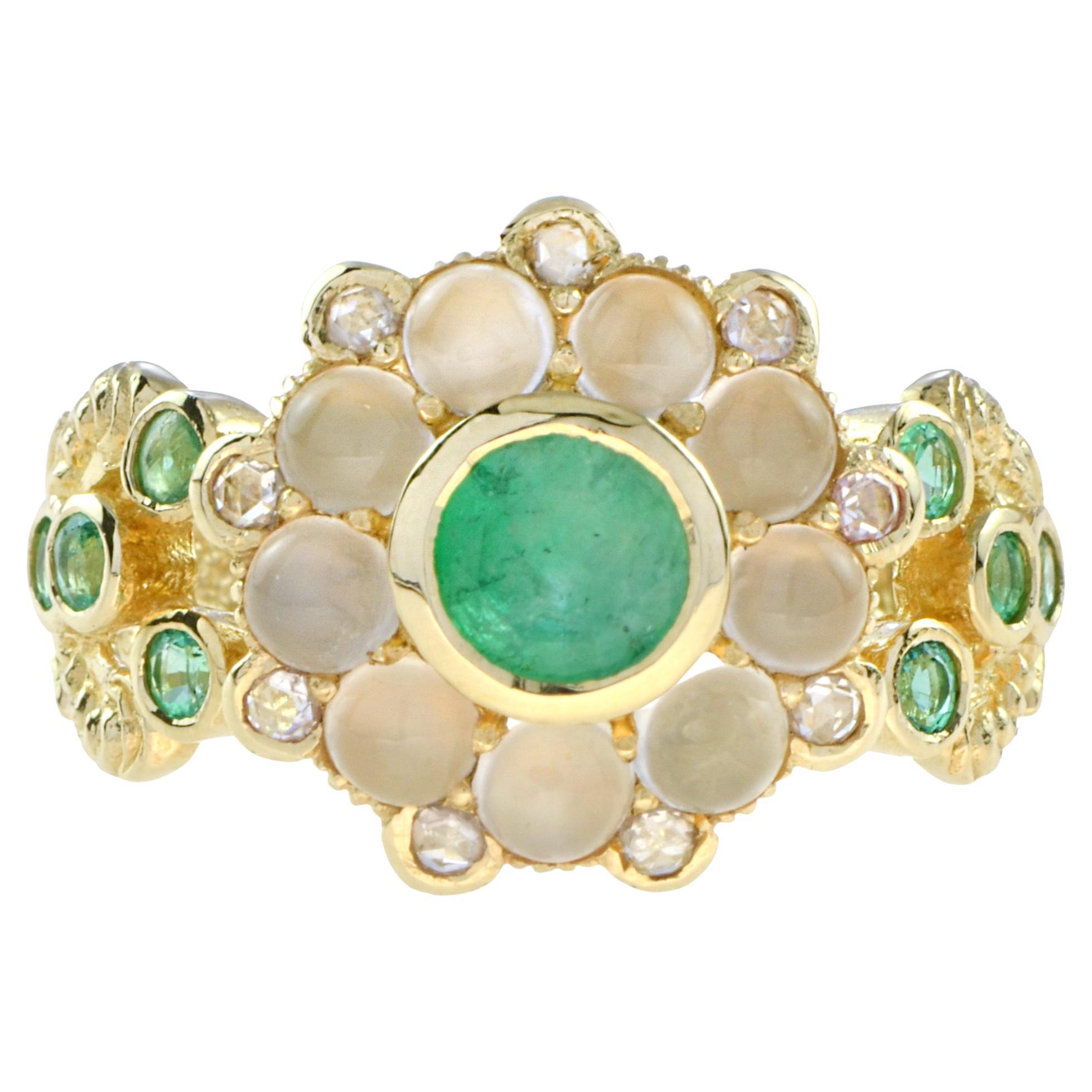 Emerald with Moonstone and Diamond Ring in 14K Yellow Gold