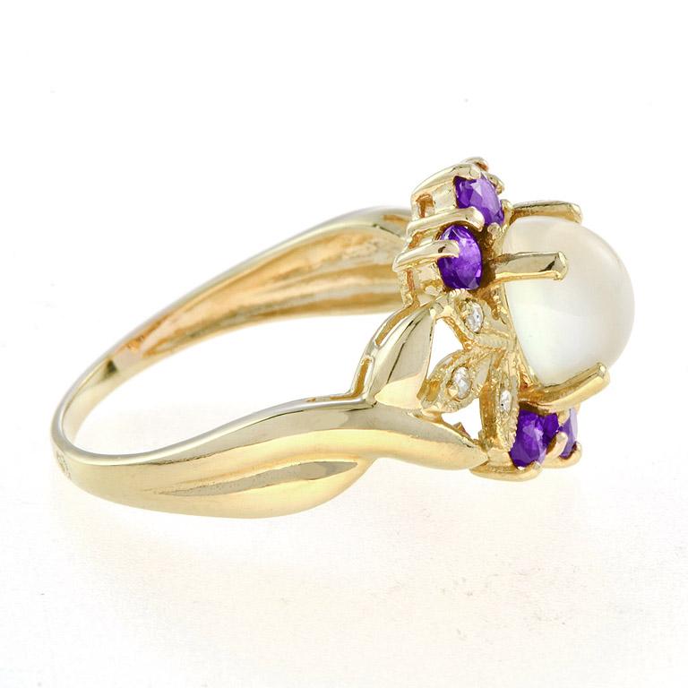 For Sale:  Vintage Style Moonstone with Amethyst and Diamond Flower Ring in 18K Yellow Gold 4